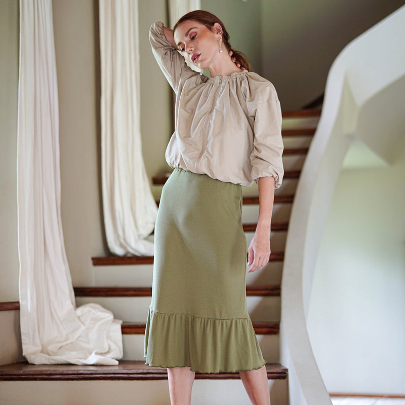 MARJORIE Ruffle Rib Skirt in Moss Green