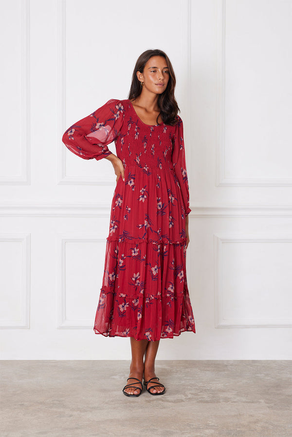 Stella Midi Dress in Cranberry Floral