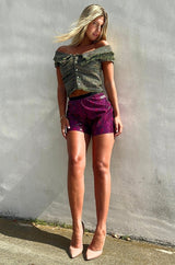 Purple Python Leather Shorts