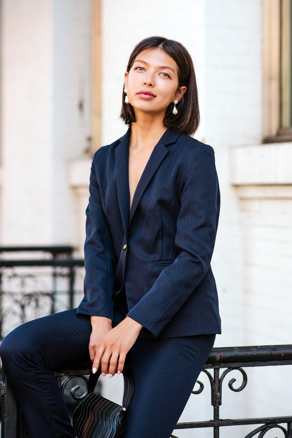 Navy Peak-Lapels Single-Breasted Blazer