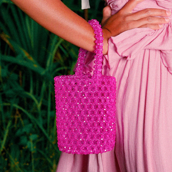 ANTONIA Crystal Beads Bucket Bag in Hot Pink