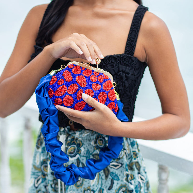 ARNOLDI Mandy Hand-Beaded Clutch, in Savoy Blue & Red