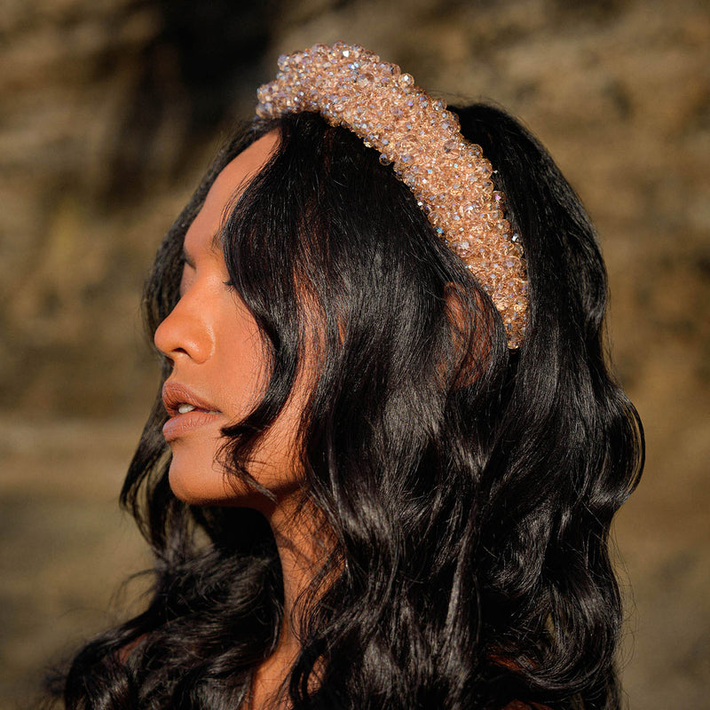 CROWN Crystal Glass Beads Headband in Champagne Beige