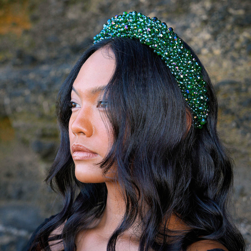 CROWN Glass Crystal Beads Headband in Emerald Green