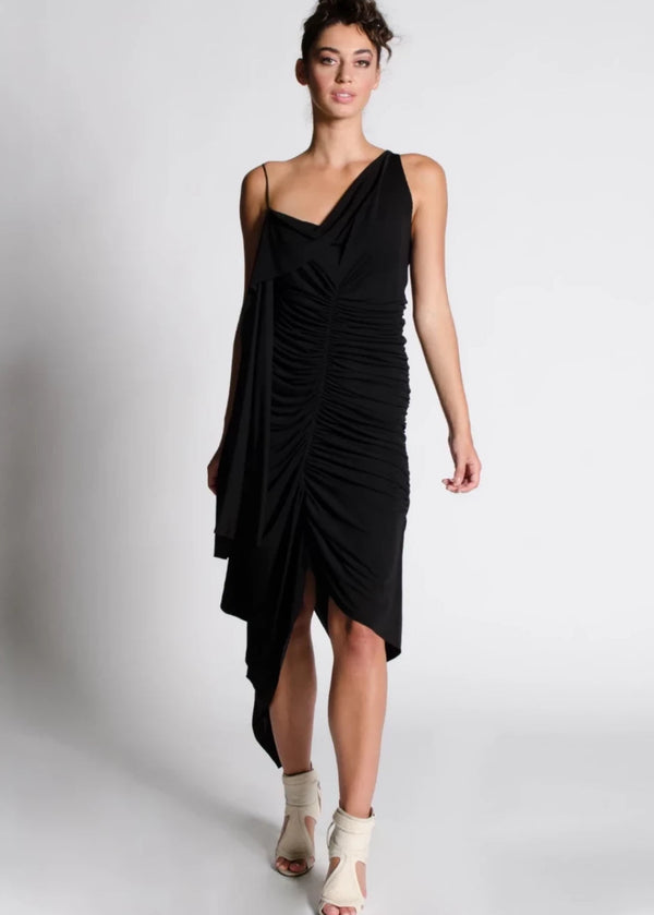 Margot A-Symmetrical Shirring Black Dress