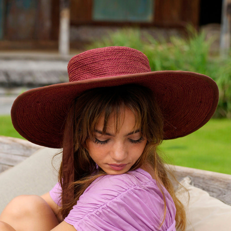 LOLO Wide-Brim Jute Boater Hat in Burgundy