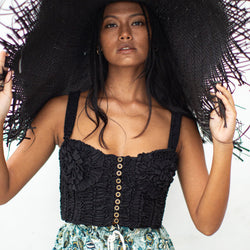 MARIGOLD Hand-Embroidered Ribbon Bustier Top in Black