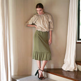 MARJORIE Ruffle Rib Skirt in Moss Green