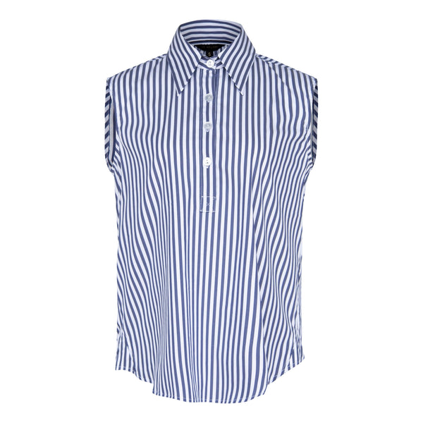 The Olivia Sleeveless Blue Stripe Blouse in Italian Cotton