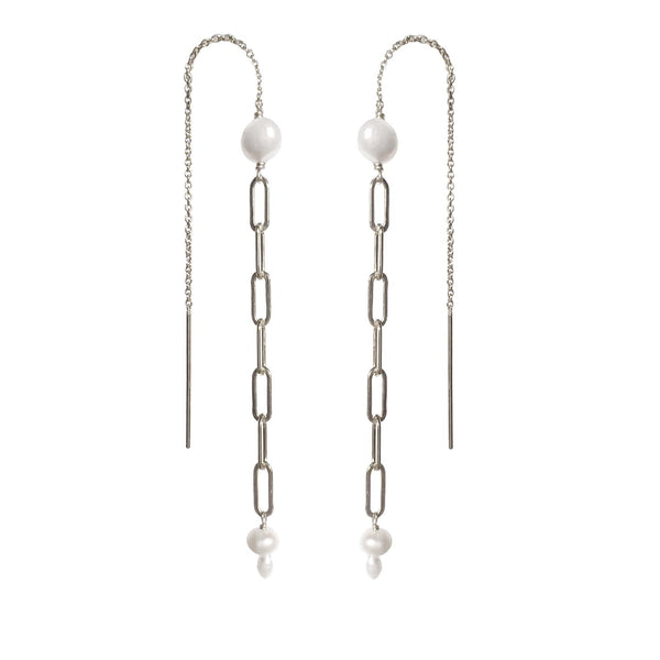 Mae Paperclip Chain and Pearl Threader Earrings in Silver