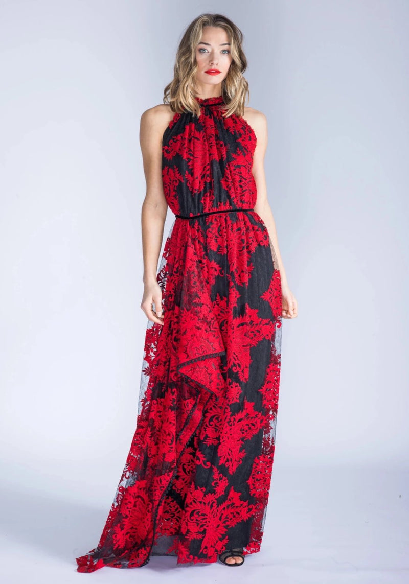 MARCELLA Red Embroidered Lace Halter Dress