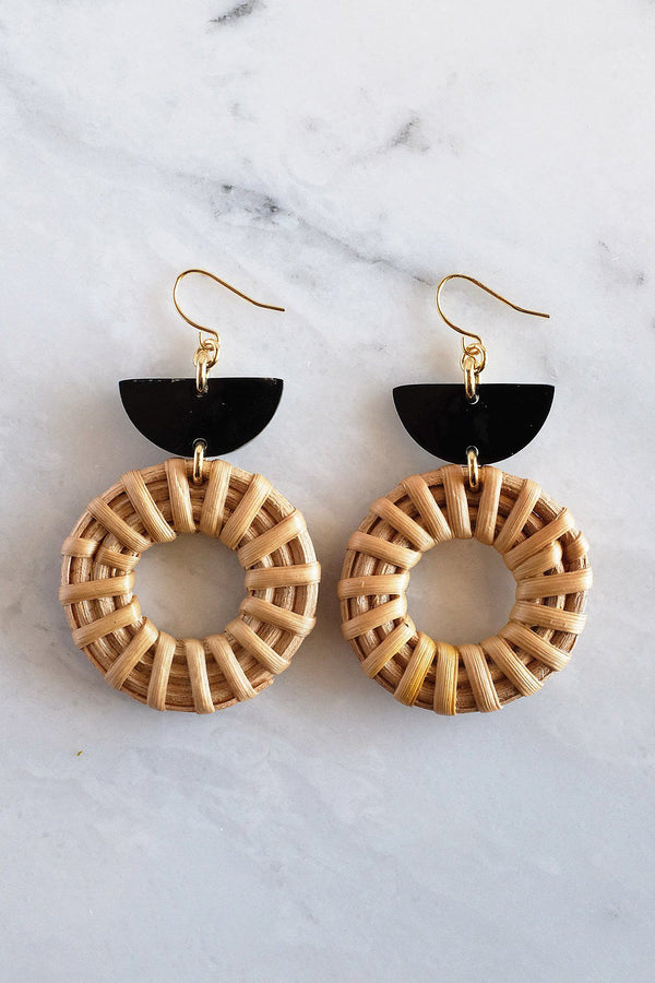 Ninh Binh 16K Gold Plated Brass Horn & Rattan (Straw/Wicker) Crescent & Donut Earrings