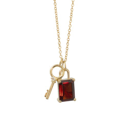 Garnet Padlock & Diamond Key Necklace - 14K Yellow Gold