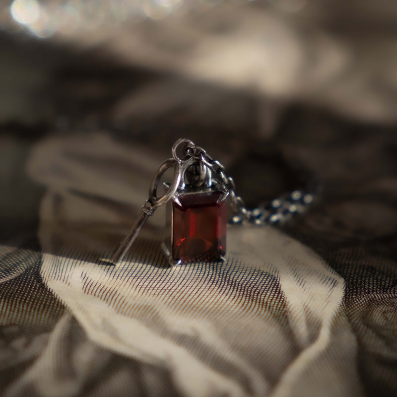 Garnet Lock & Key Necklace - Sterling Silver