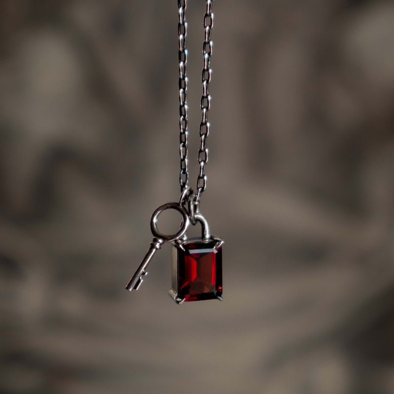 Garnet Lock & Key Necklace - Sterling Silver