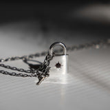 Padlock and Key Necklace With Garnet/Black Diamond - Sterling Silver