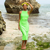 OLA Recycled Rib Midi Dress in Neon Green