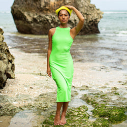 OLA Recycled Rib Midi Dress in Neon Green