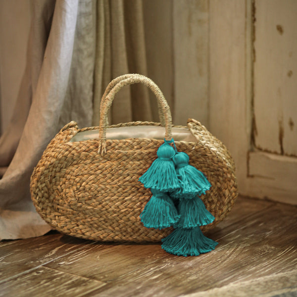 Oval Luna Straw Tote Bag - With Cerulean Blue Tassels