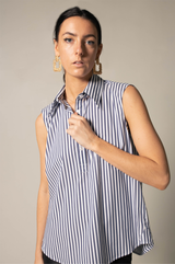 The Olivia Sleeveless Blue Stripe Blouse in Italian Cotton