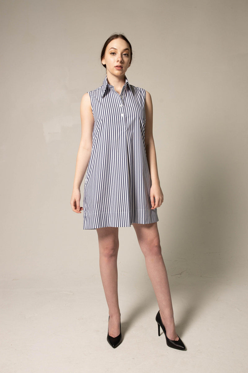 Italian Cotton Blue Stripe Sleeveless Dress