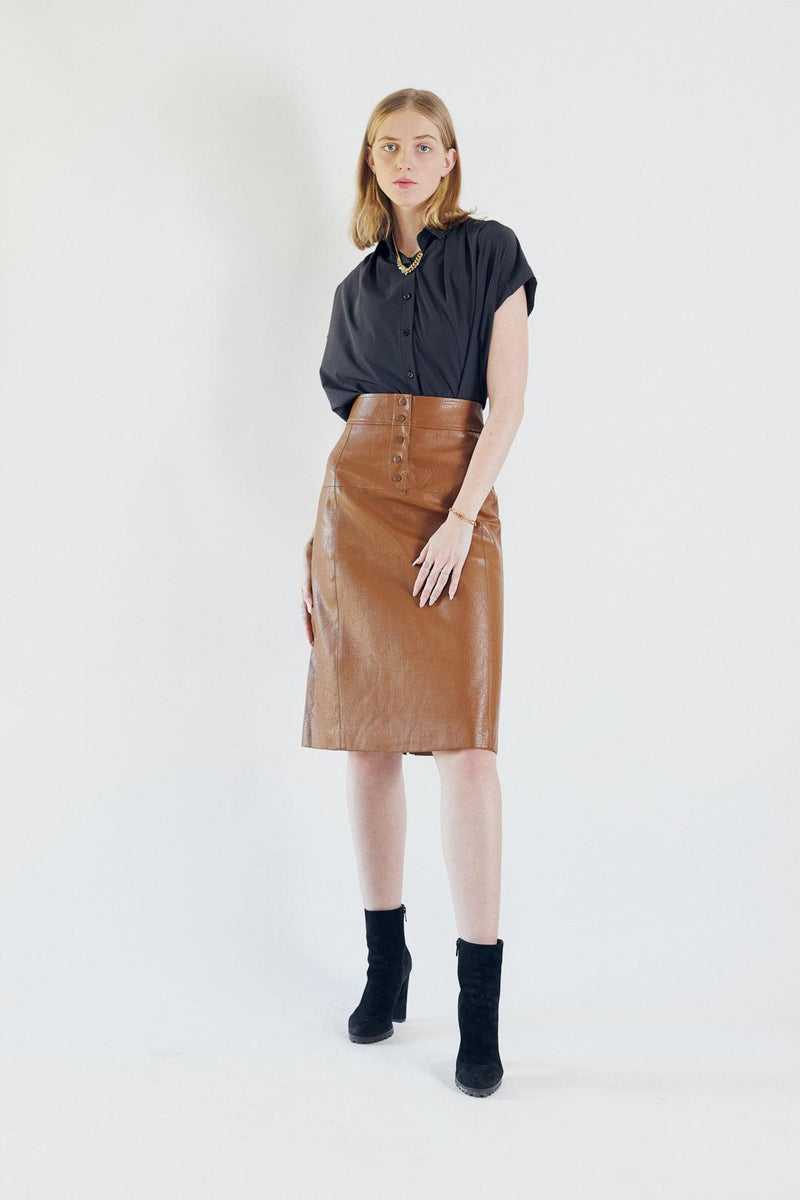 Glossy Brown Vegan Leather Pencil Skirt