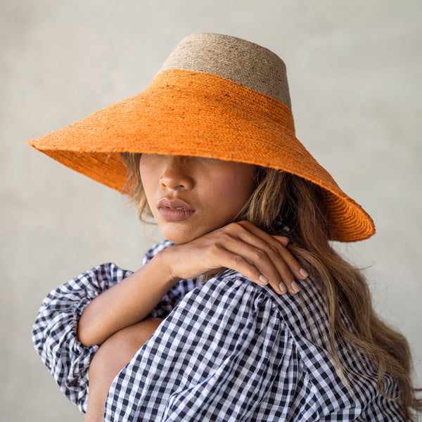 RIRI Duo Jute Handwoven Straw Hat in Tangerine Orange