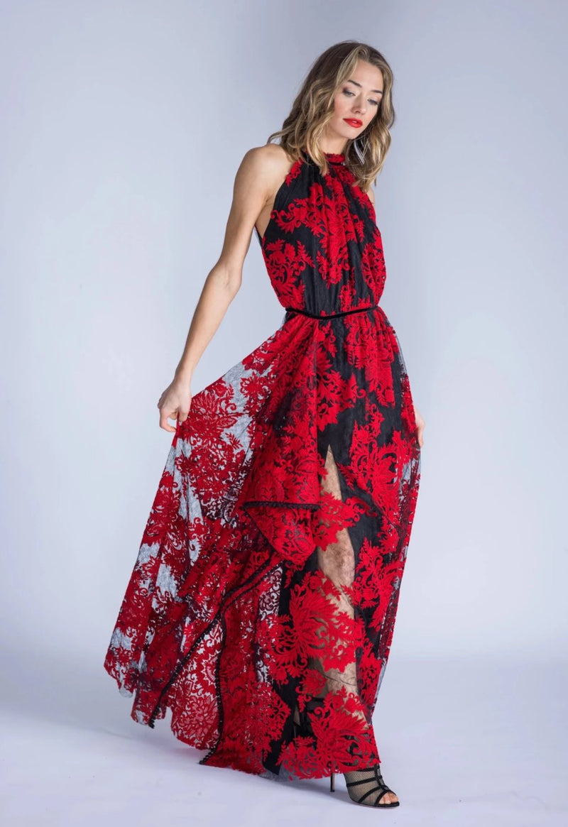 MARCELLA Red Embroidered Lace Halter Dress