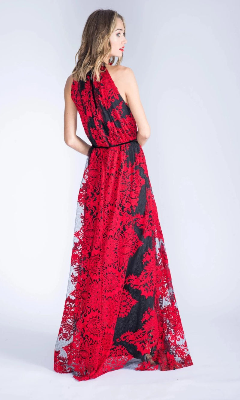 MARCELLA Red Embroidered Lace Halter Dress