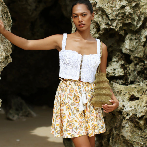 SEKAR Floral Batik Shorts in Marigold Yellow