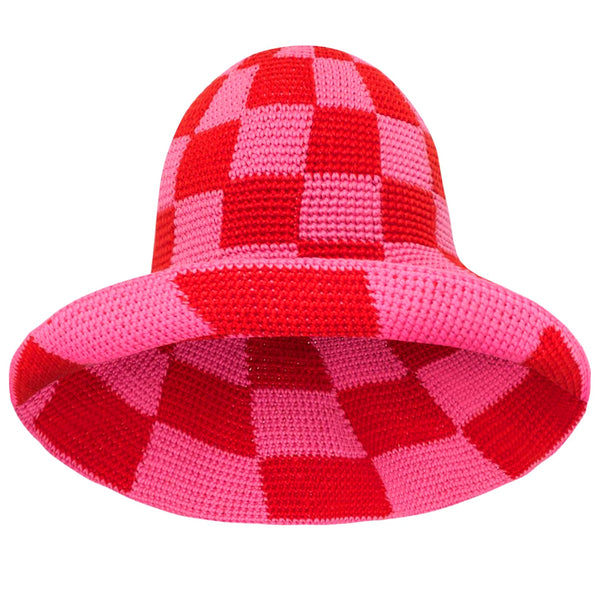 SHILO Checkered Crochet Hat in Red & Pink