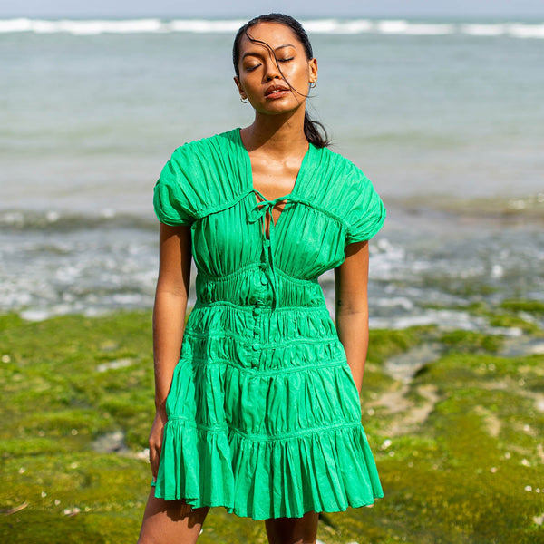 SRIKANDI Ruffle Cotton Dress in Kelly Green