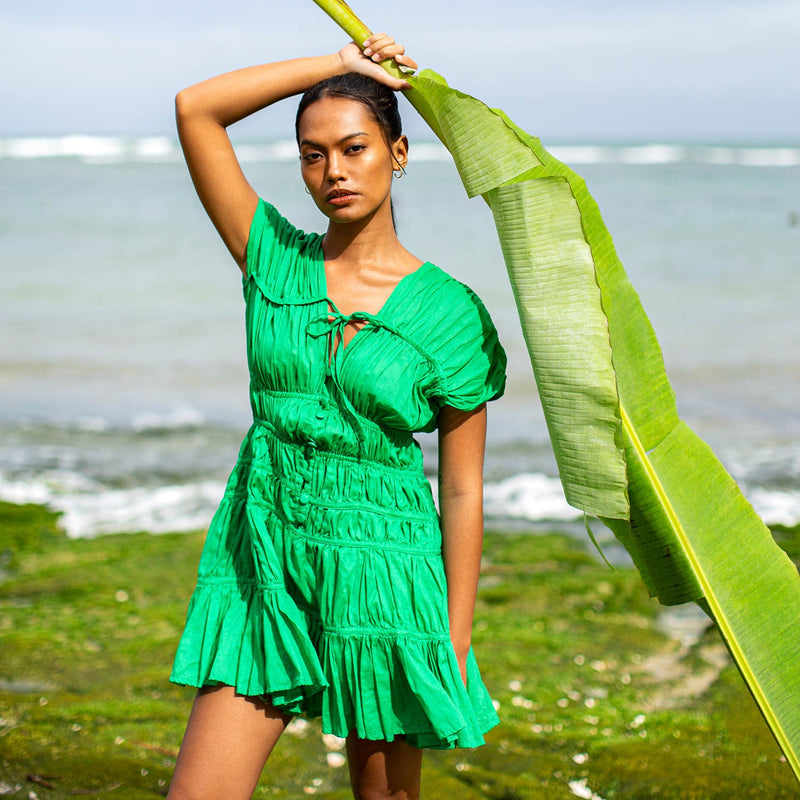 SRIKANDI Ruffle Cotton Dress in Kelly Green