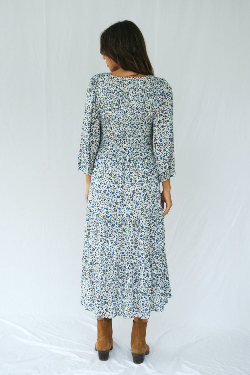 Stella Midi Dress in Indigo Floral