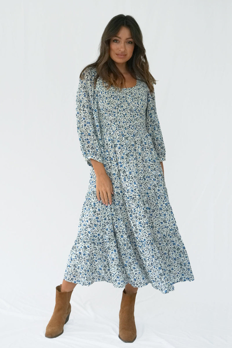 Stella Midi Dress in Indigo Floral