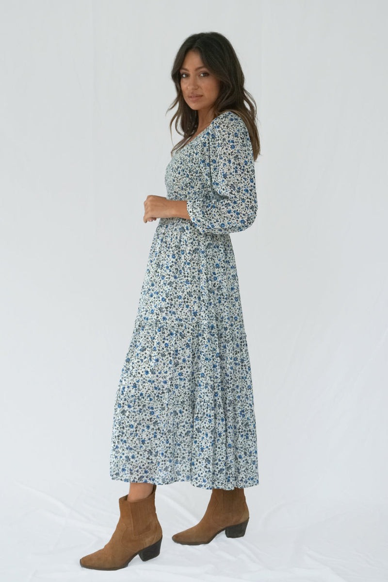 Stella Midi Dress in Indigo Floral