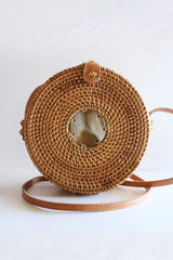 Tan Tien Buffalo Horn Centerpiece Circle Wicker Rattan Bag