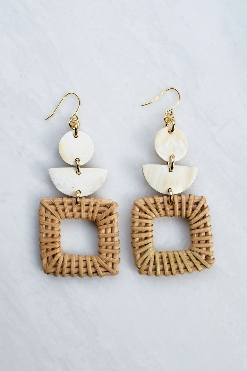 Tu 16K Gold-Plated Brass Buffalo Horn & Rattan/Wicker Square Geo Statement Earrings