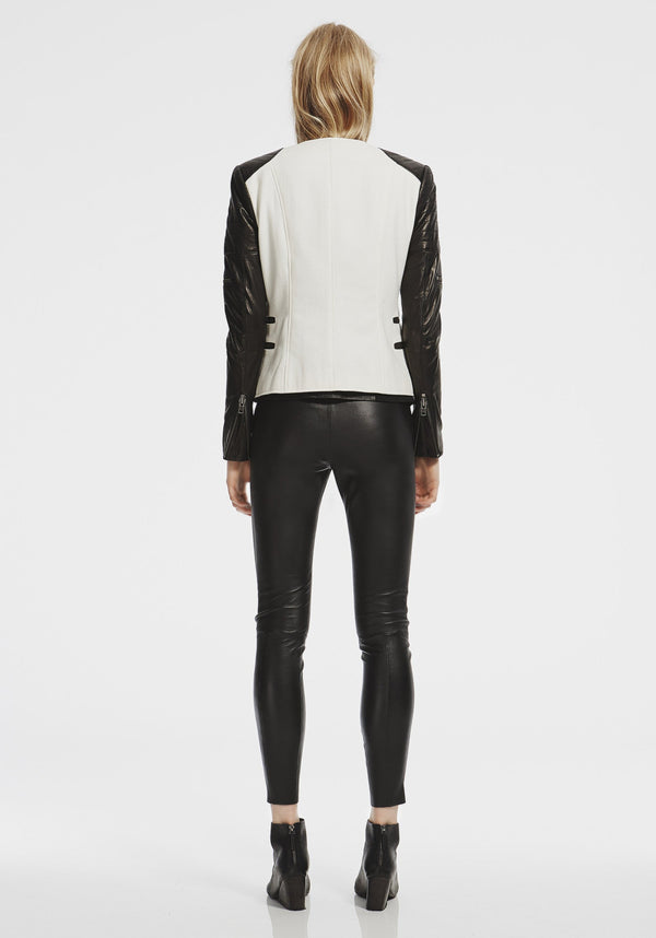 Greenwich St Motor Jacket in Chalk White Wool & Black Leather