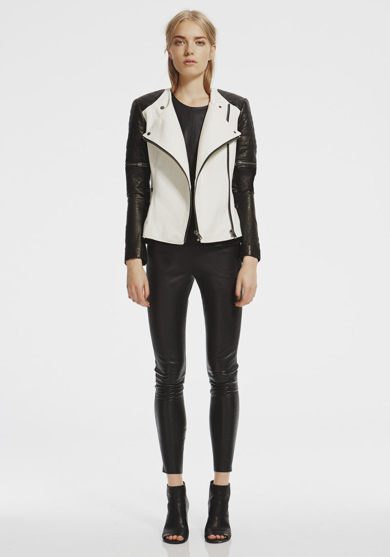 Greenwich St Motor Jacket in Chalk White Wool & Black Leather