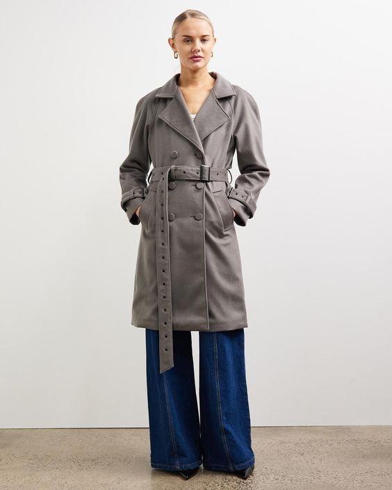 Soho Slouch Leather Trench Grey Wool