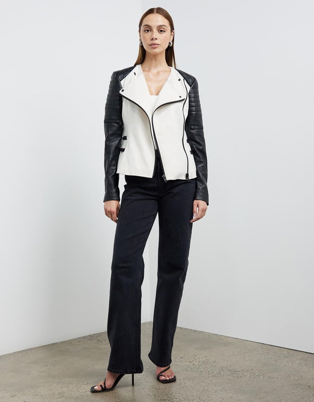 Greenwich St Motor Jacket in Chalk White Wool & Black Leather