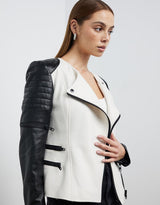 Greenwich St Motor Jacket in Chalk White Wool & Black Leather