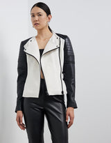 Greenwich St Motor Jacket in Chalk White Wool & Black Leather