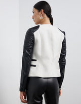 Greenwich St Motor Jacket in Chalk White Wool & Black Leather