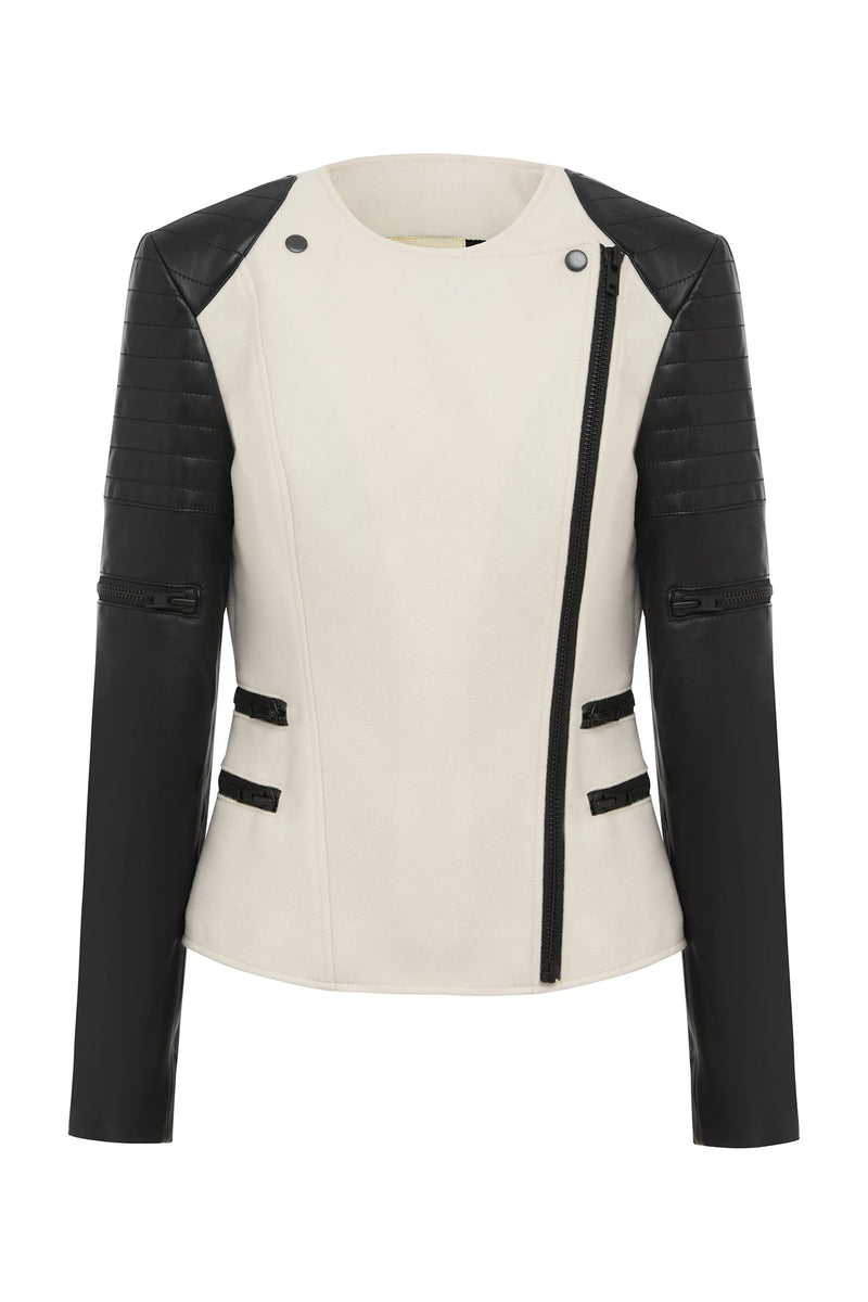 Greenwich St Motor Jacket in Chalk White Wool & Black Leather