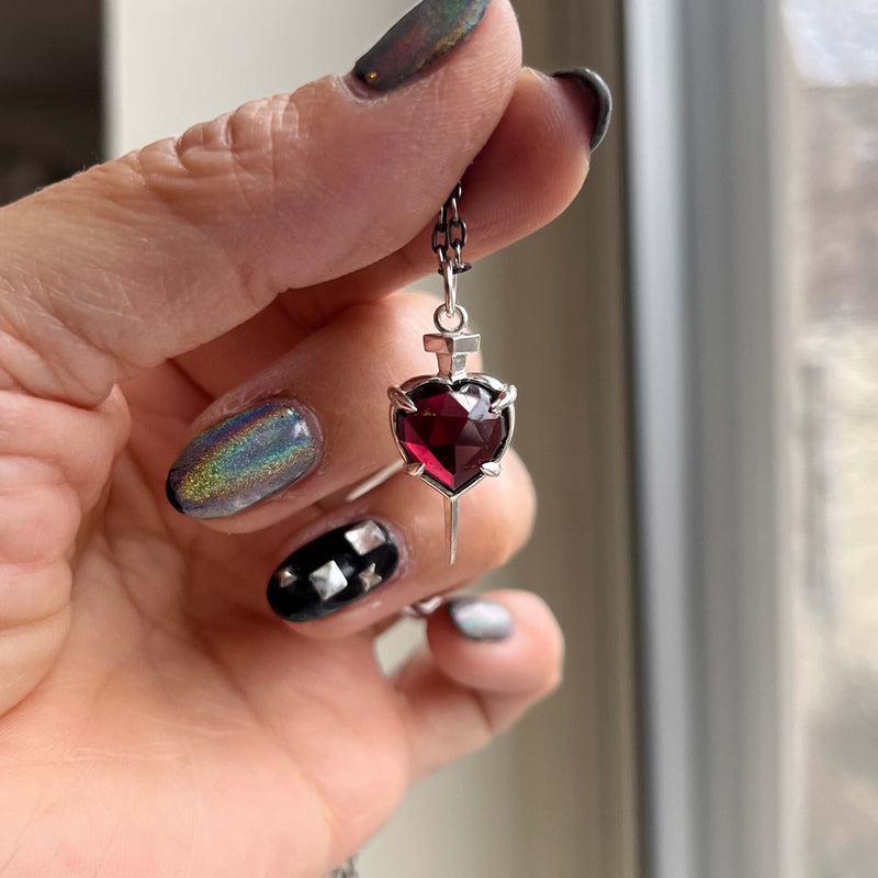 Nail Through the Heart Necklace With Garnet  - Sterling Silver