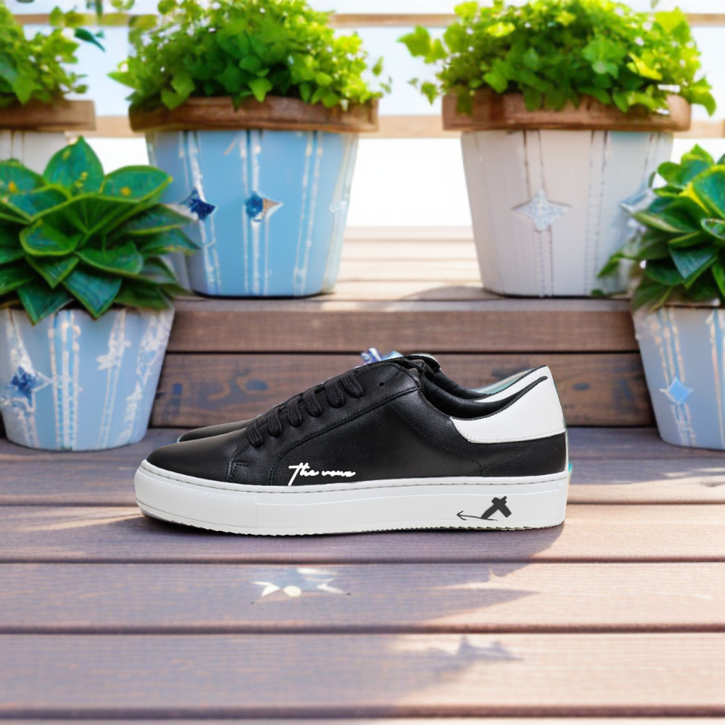 Spanish Black Leather Low Top With White Leather Finishing