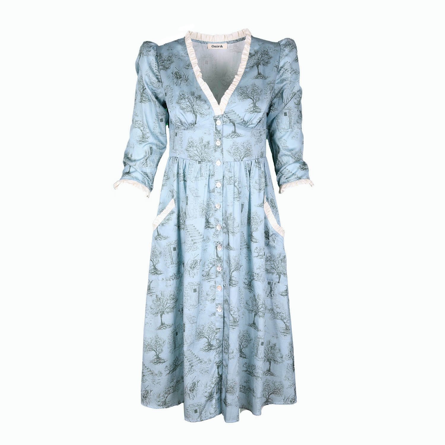 Onirik, Antonia Dress / Cottage Blue + Pewter Green Cotton Toile